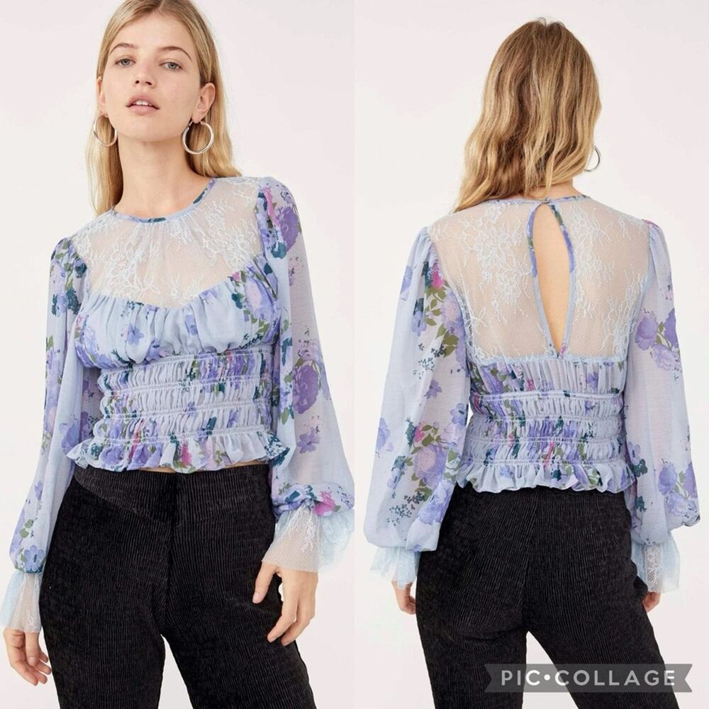 Free People Daphne Smocked Lace Floral Coquette Blouse In Silver Blue Combo - XS